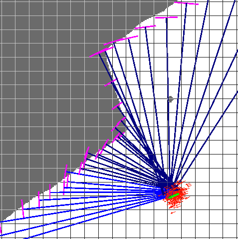 Visualization of the particle filter based localization as tested in the Wakenitz river. It shows a distinctive bend in the river bank and the corresponding sonar probes plotted from the estimated vehicle location.